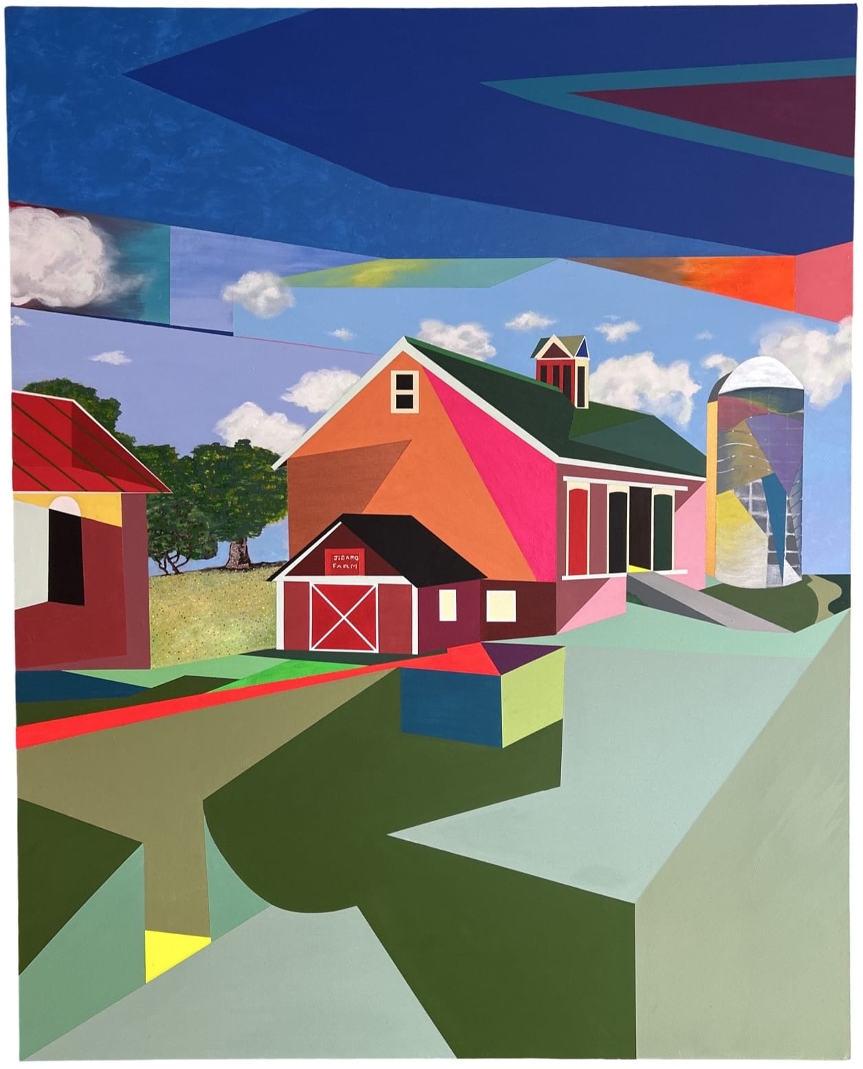 an acrylic paintingby Dave Ortiz of a vibrant, geometric landscape centered on a barn