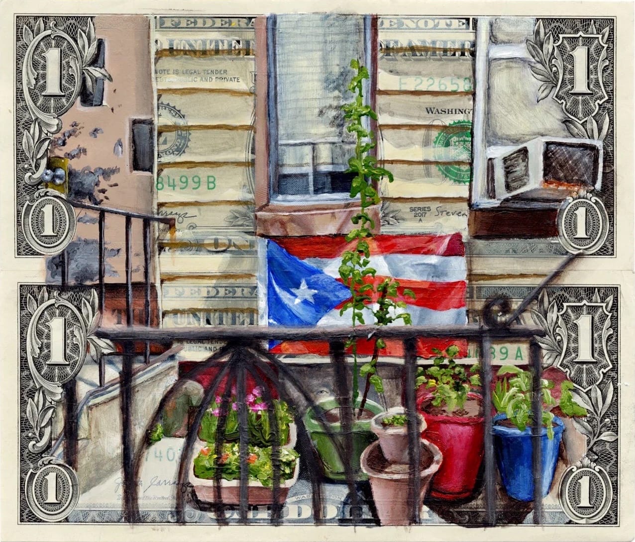 a painting by Danielle de Jesus on two U.S. one-dollar bills