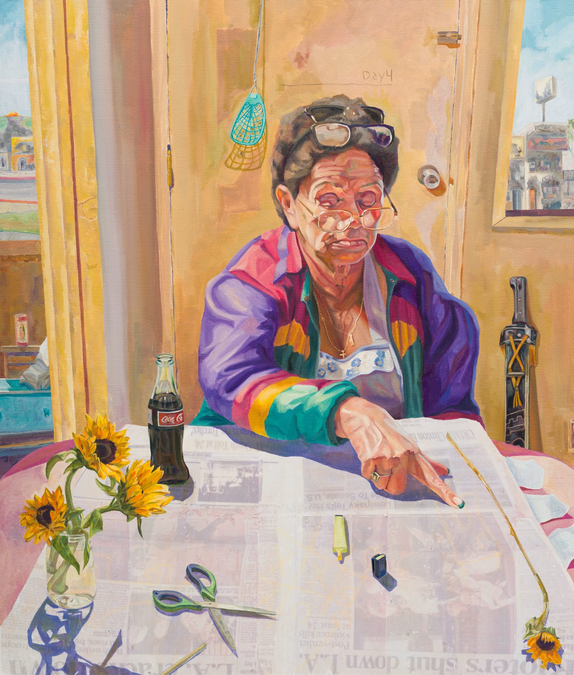 a painting by Elmer Guevara of an older woman seated at a table pointing at a newspaper