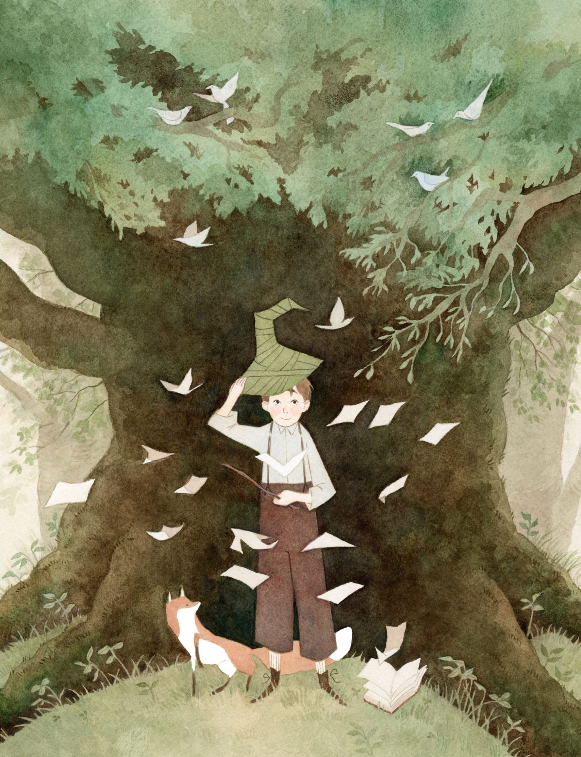 a watercolor illustration by Vanessa Gillings of a young boy with a pointy hat on, holding a stick-like wand and transforming paper into birds