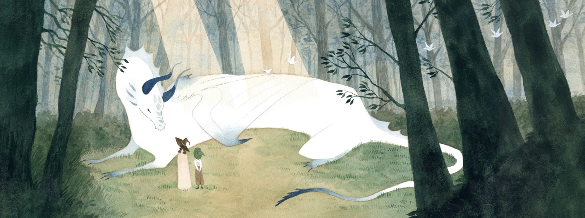 a watercolor illustration by Vanessa Gillings of a white dragon in a forest, greeting a much smaller pair of people