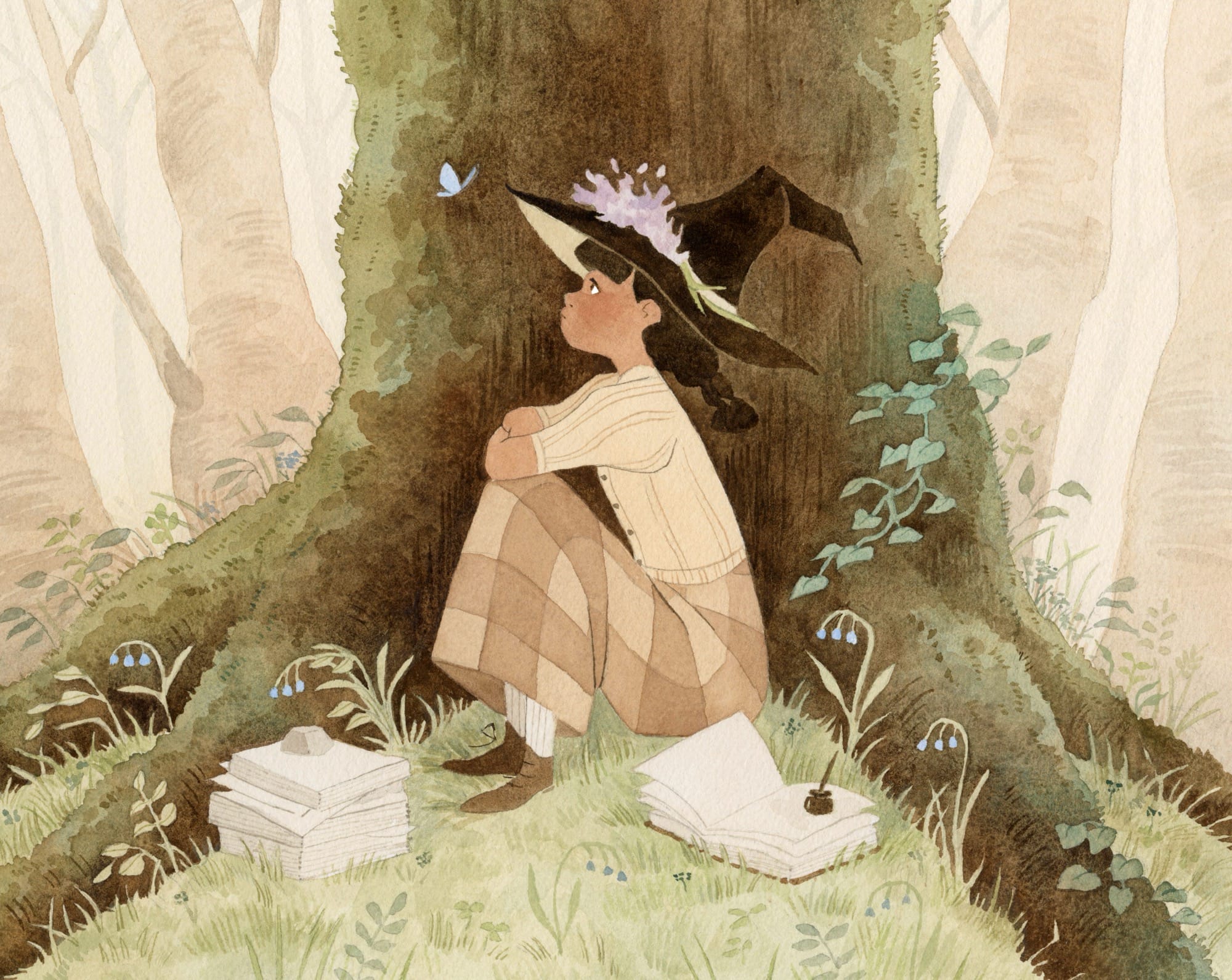 a watercolor illustration by Vanessa Gillings of a young woman seated by a large tree, wearing a pointy hat and looking at a blue butterfly