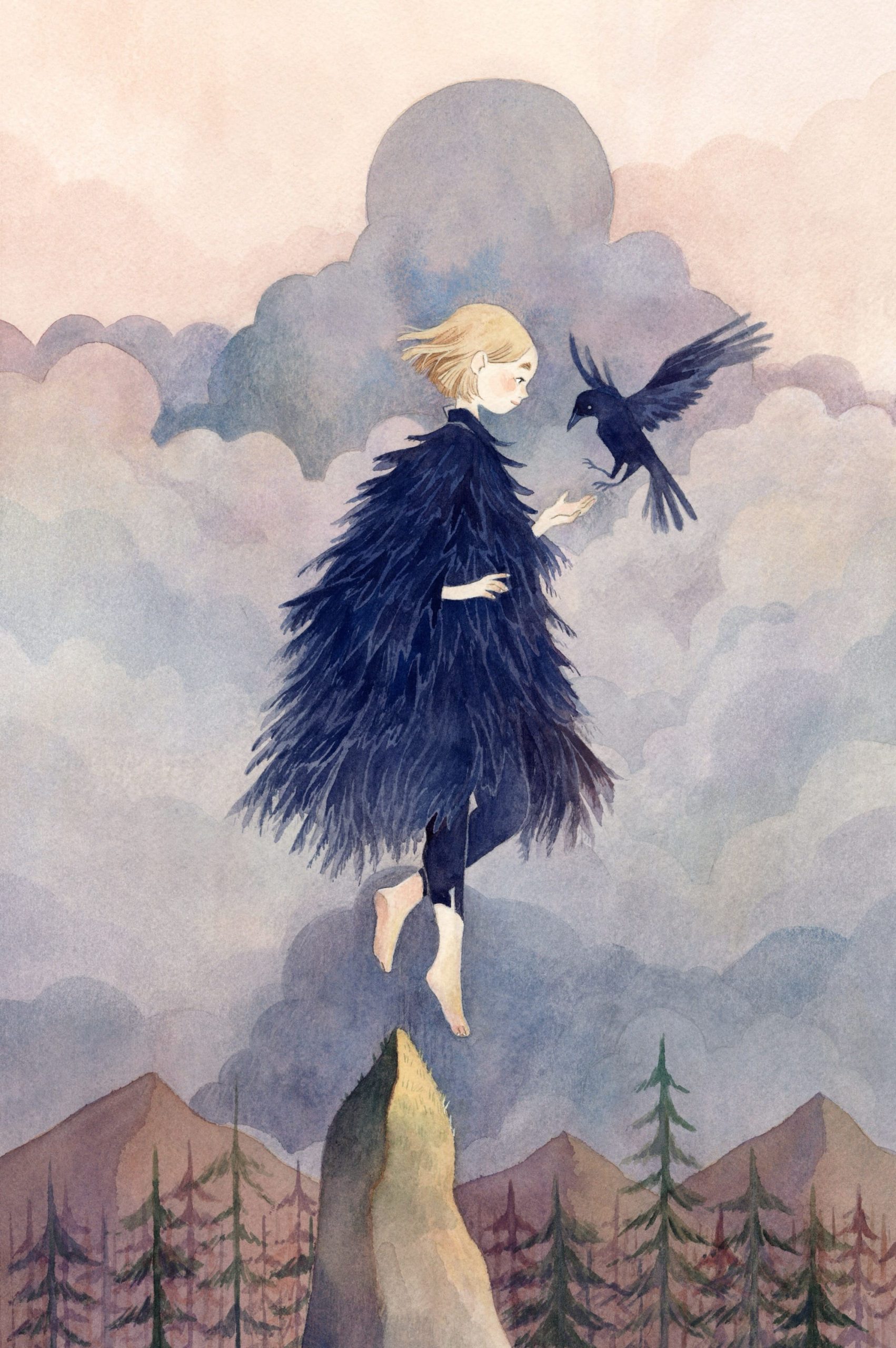 a watercolor illustration by Vanessa Gillings of a young woman with a feathery cape on, floating above a rock pinnacle and greeting a raven