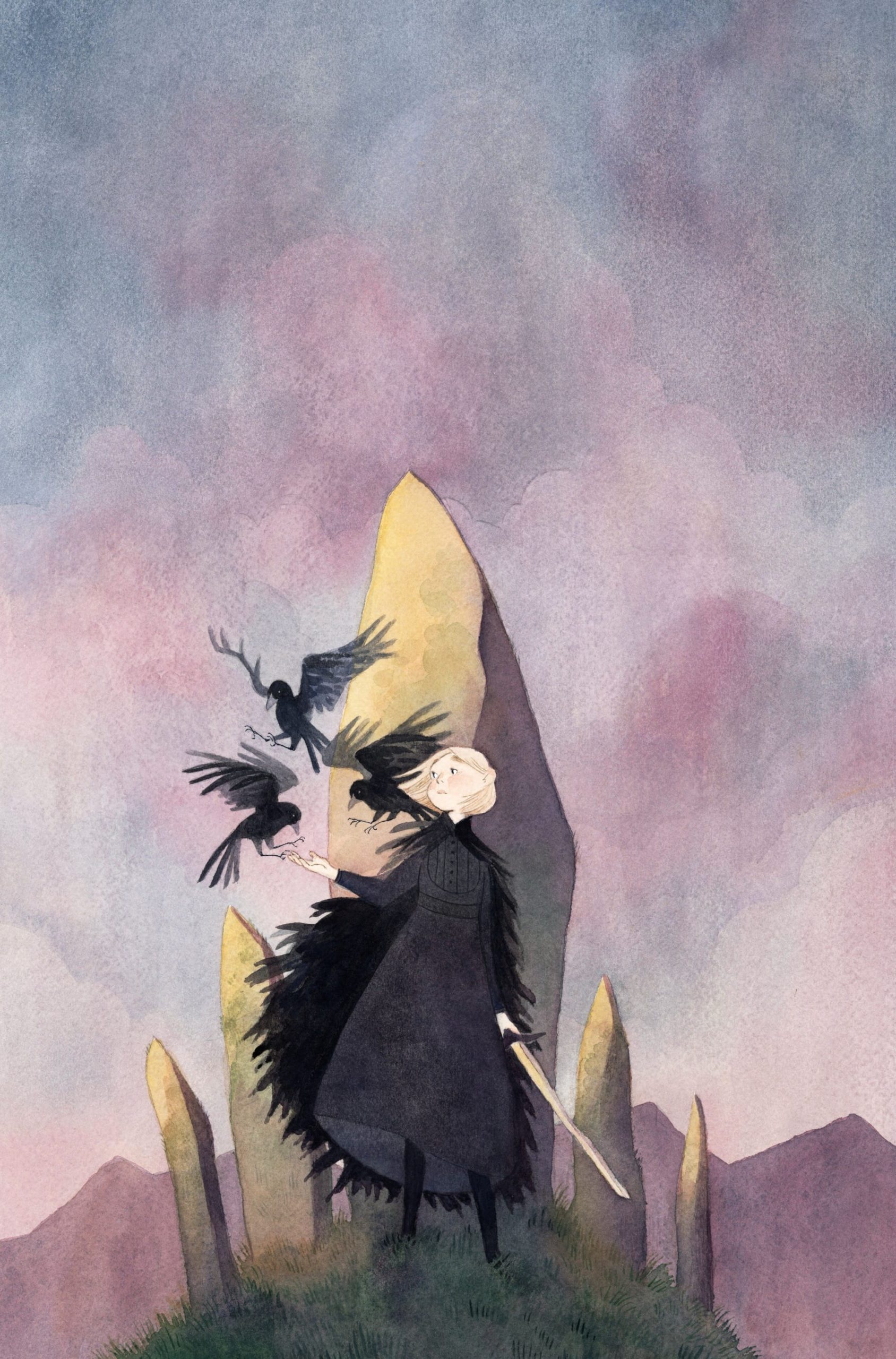 a watercolor illustration by Vanessa Gillings of a young woman with a black feathered cape, standing in front of standing stones and greeting a trio of ravens