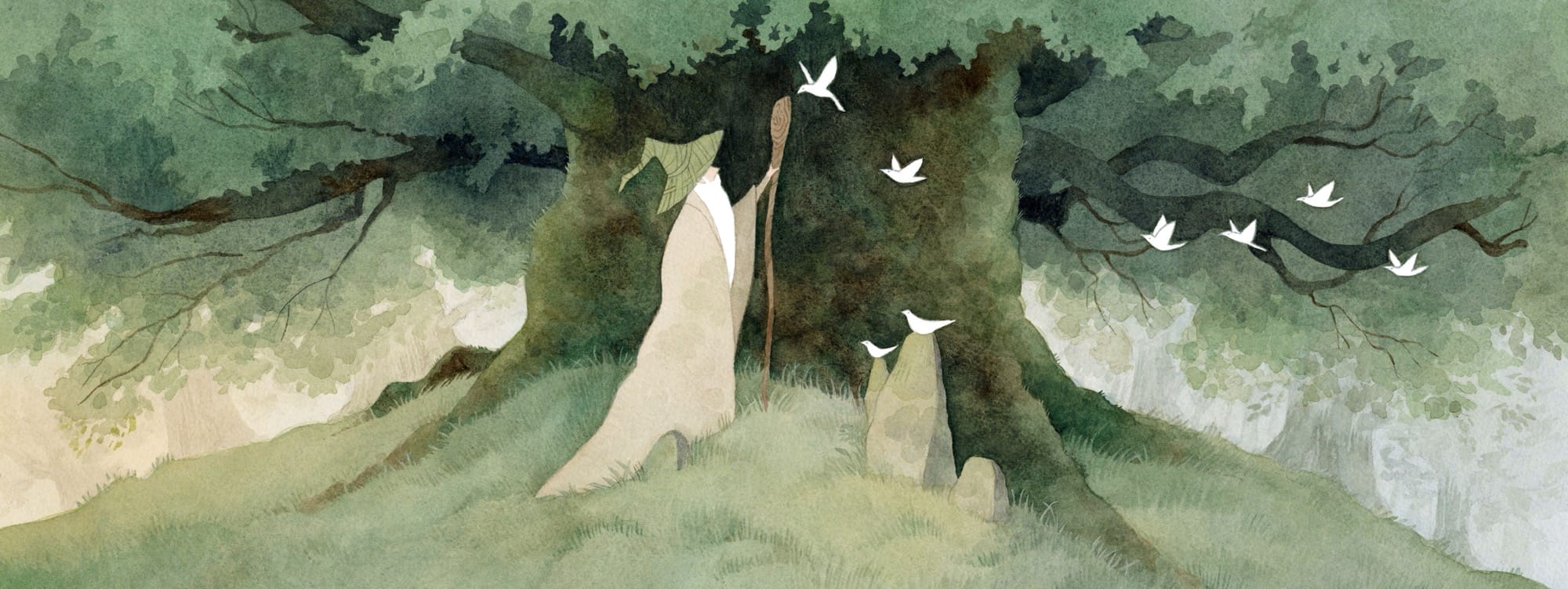 a watercolor illustration by Vanessa Gillings of a bearded wizard next to a huge old tree, greeting a group of white birds
