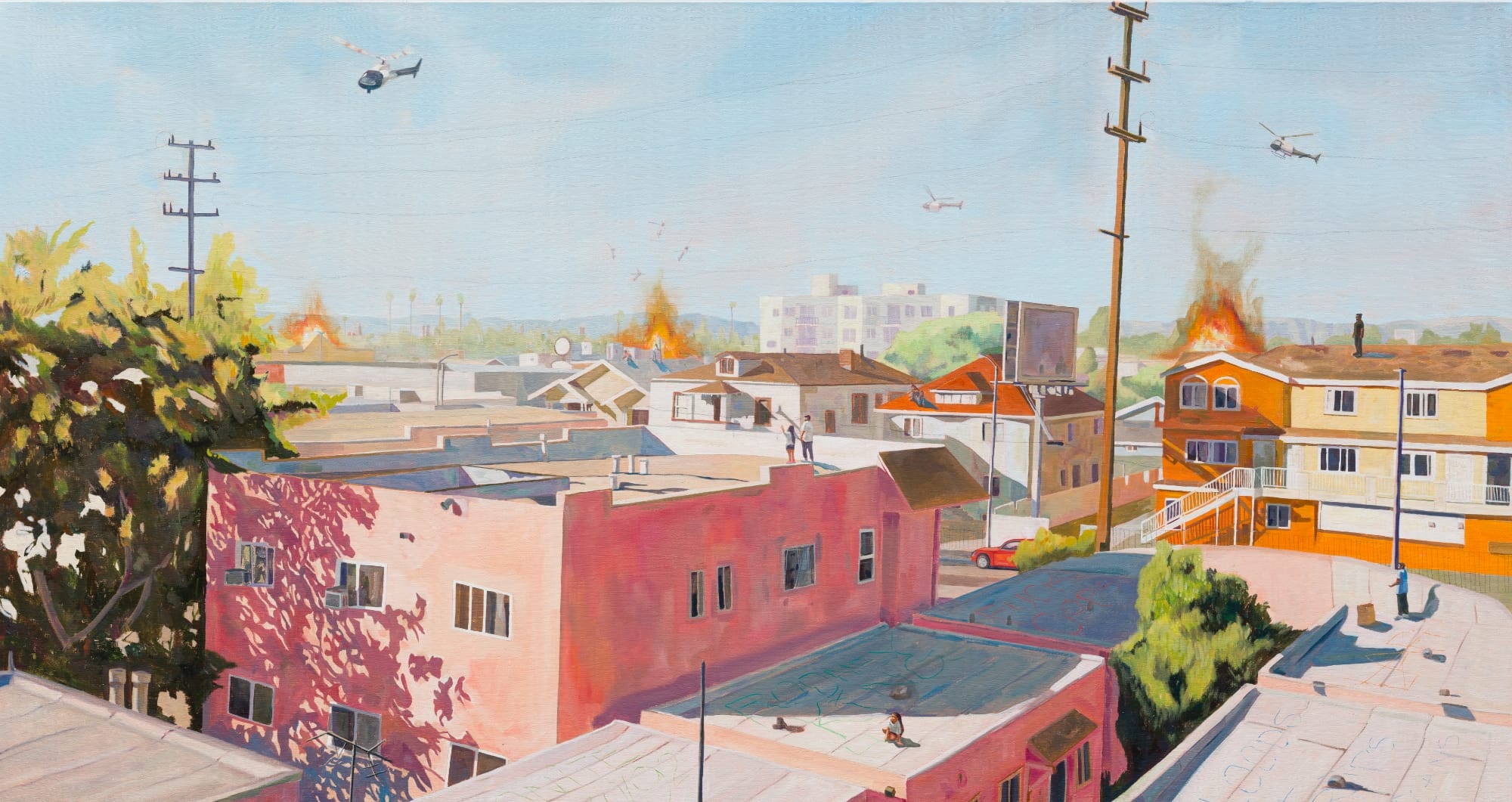 a painting by Elmer Guevara of the LA skyline