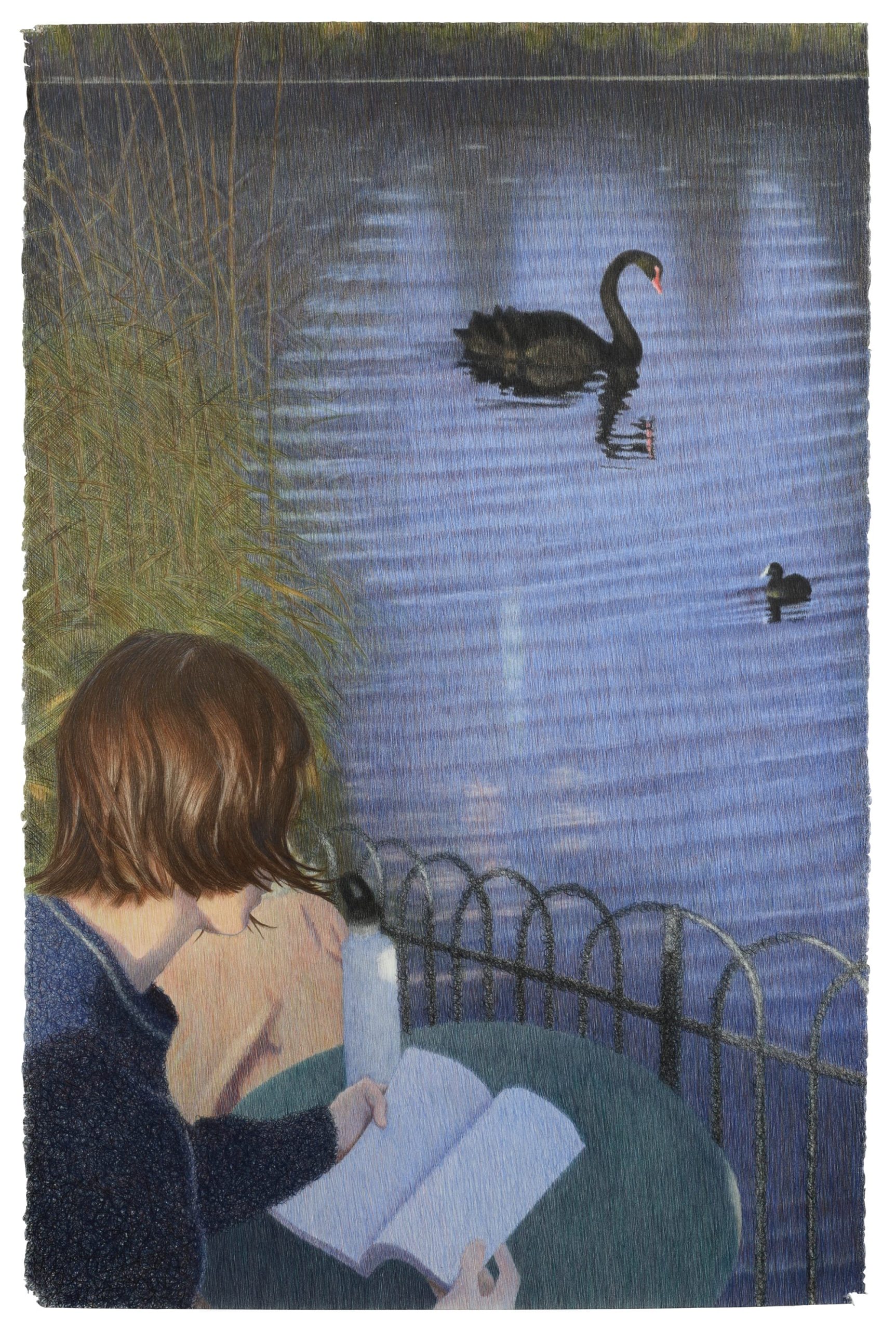 a graphite and colored pencil drawing by Tarka Kings of a woman seated by an ironic fence, with two swans in a lake
