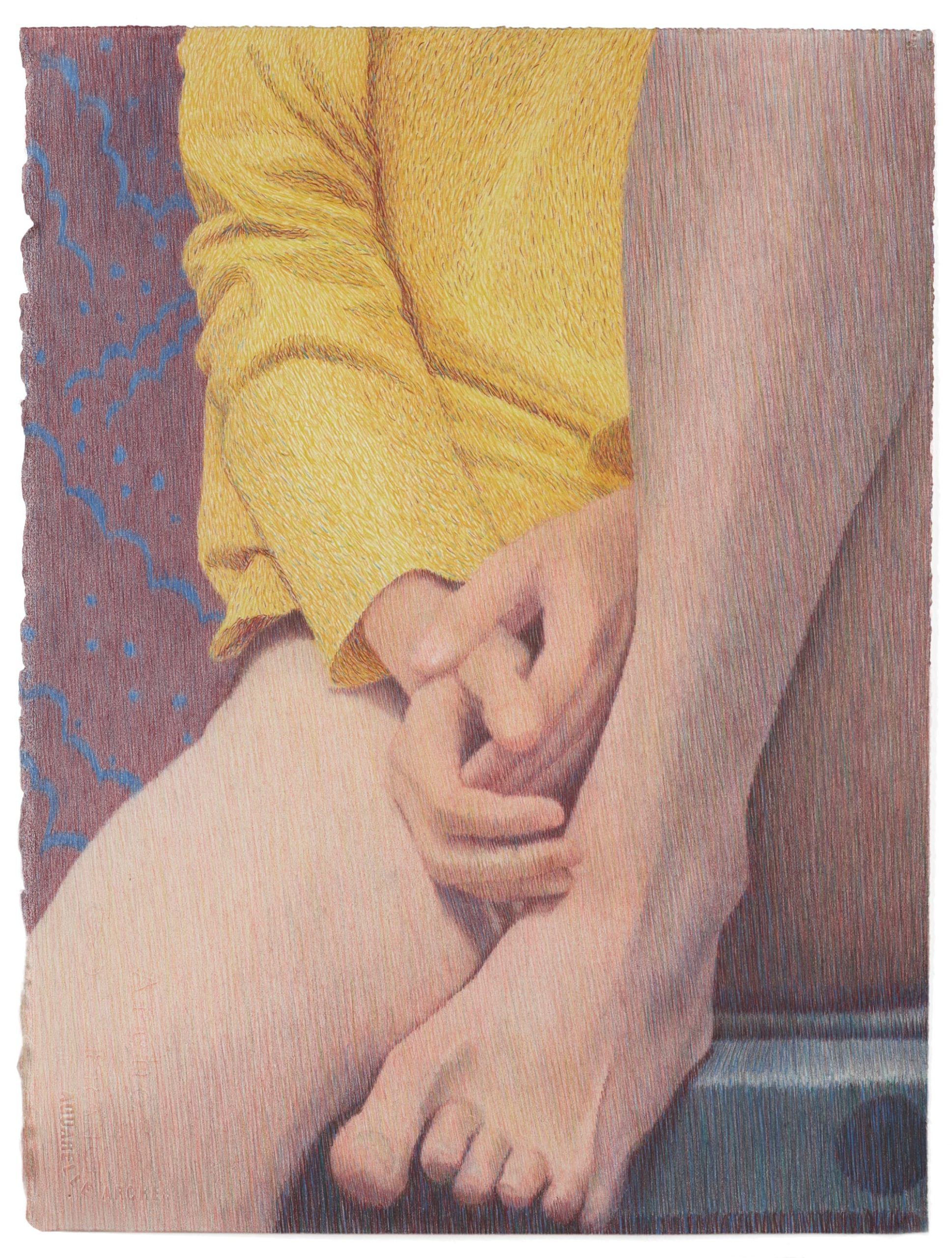 a graphite and colored pencil drawing by Tarka Kings of a close-up view of a figure seated, wearing a yellow top, with bare legs