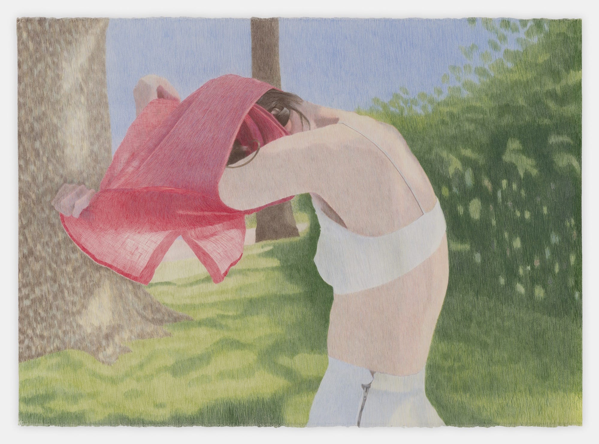 a graphite and colored pencil drawing by Tarka Kings of a woman outside in a garden putting on a red shirt