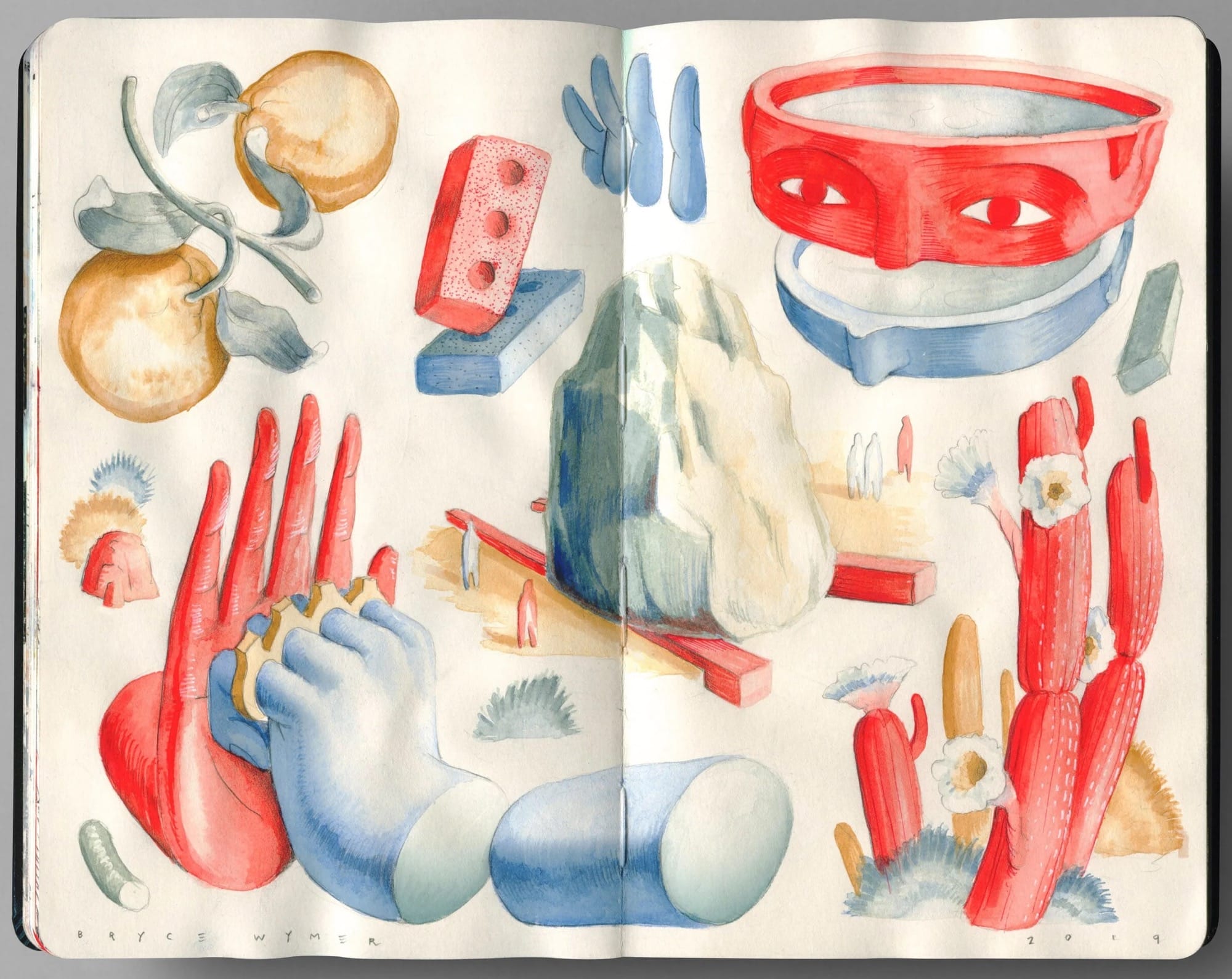 a sketchbook spread by Bryce Wymer with abstract illustrations and human anatomical parts